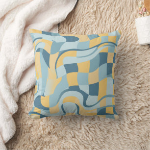 Retro Wavy Baby Blue Butter Yellow Checkered Throw Pillow