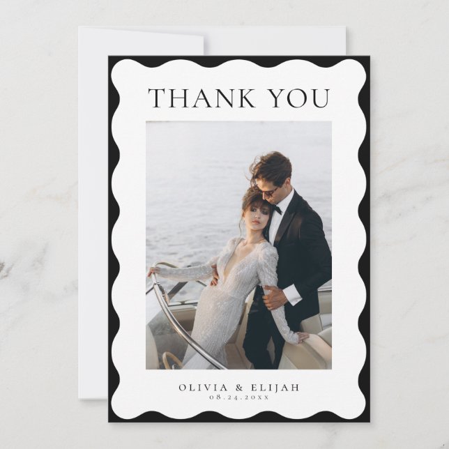 Retro Wavy Black and White Photo W Note Wedding  Thank You Card (Front)