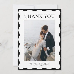 Retro Wavy Black and White Photo W Note Wedding Thank You Card