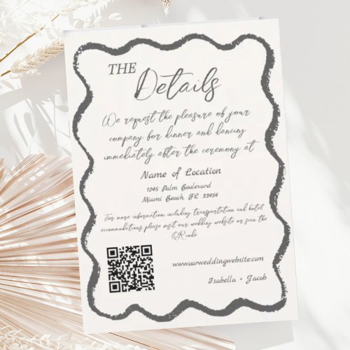 Retro Wavy Black White Handwritten Wedding Details Invitation