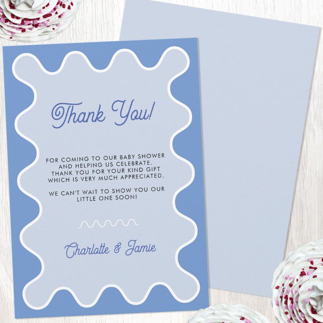 Retro Wavy Blue Curve Border Baby Shower Thank You Card (Retro modern wavy curve border blue baby shower thank you card)