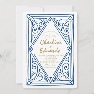 Retro Wavy Blue Lace Wedding Invitation