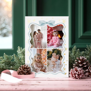 Retro Wavy Blue Ribbon & Stars Photos Collage Foil Holiday Card