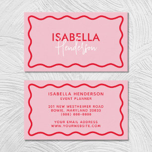 Retro Wavy Border Pink and Red Script Girly Business Card