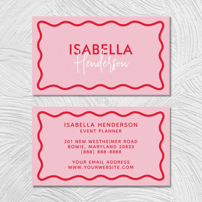 Retro Wavy Border Pink and Red Script Girly Business Card (Creator Uploaded)