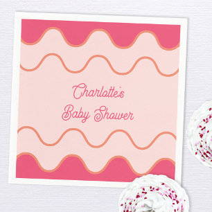 Retro Wavy Border Pink Curve Baby Shower Napkins