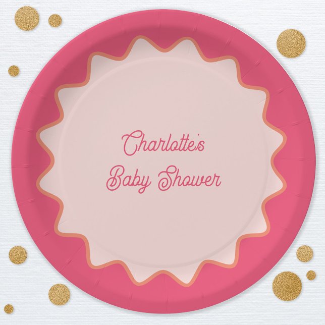 Retro Wavy Border Pink Curve Baby Shower Paper Plates (Retro modern pink wavy curve border custom text baby shower paper plates)