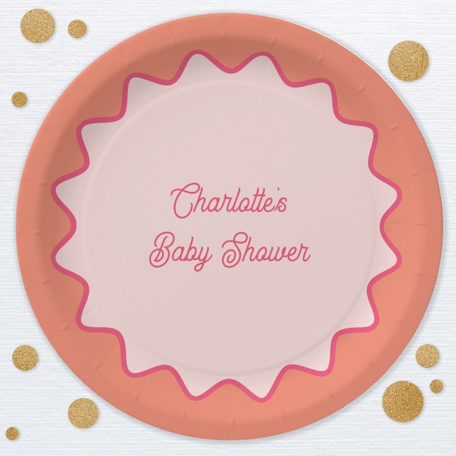 Retro Wavy Border Pink Orange Curve Baby Shower Paper Plates (Retro modern pink orange peach wavy curve border custom text baby shower paper plates)