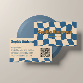 Retro Wavy Checkerboard Funky Blue Beige Business Card