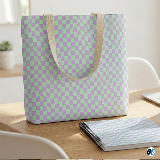 Retro Wavy Checkerboard Pastel Mint Green Lavender Wrapping Paper (Creator Uploaded)
