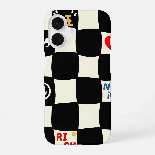 Retro Wavy Checkerboard Pattern with Doodle Icons iPhone Case (Back)