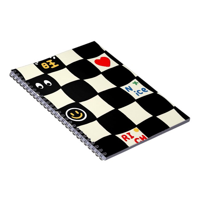 Retro Wavy Checkerboard Pattern with Doodle Icons Notebook (Right Side)