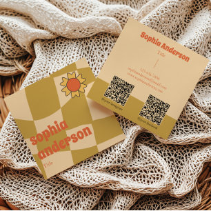 Retro Wavy Checkerboard with Sunflower _ Qr Code Square Business Card