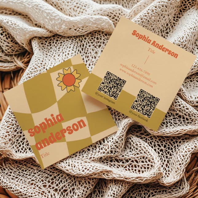 Retro Wavy Checkerboard with Sunflower _ Qr Code   Square Business Card (Creator Uploaded)