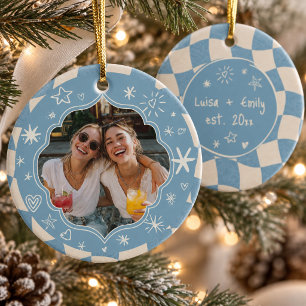 Retro Wavy Checkered Best Friends Bestie Photo Ceramic Ornament