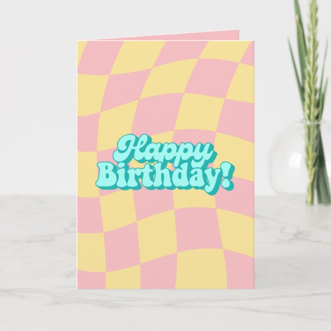 Retro Wavy Checkered Happy Birthday Card (Front)