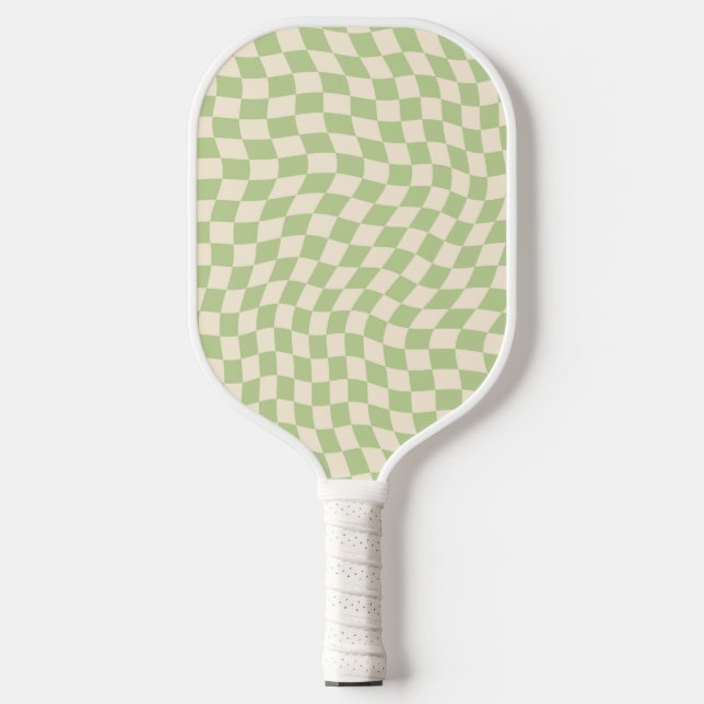 Retro Wavy Checkered Pattern Green Pickleball Paddle (Front)