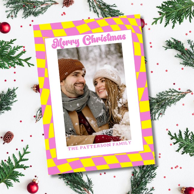 Retro Wavy Checkered Pink Yellow Photo Christmas  Holiday Card (Creator Uploaded)