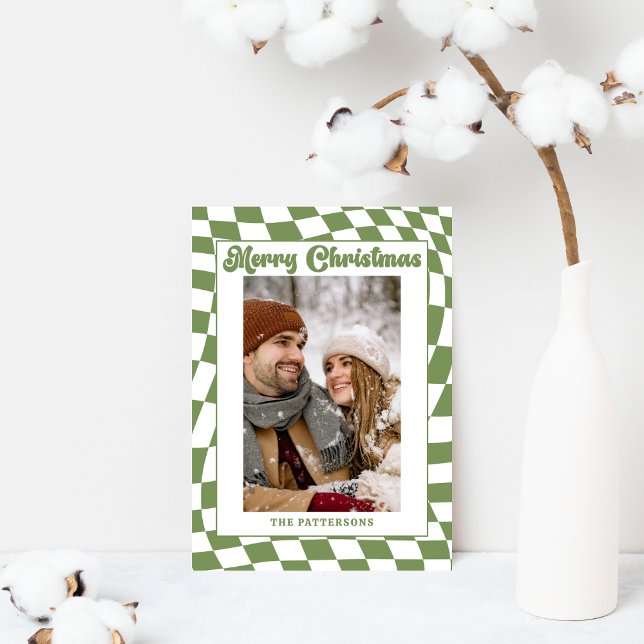 Retro Wavy Checkered Sage Green Photo Christmas  Holiday Card (Creator Uploaded)