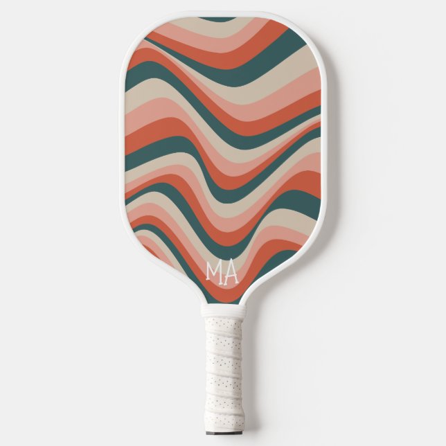 Retro Wavy Colorful Stripe Groovy Pattern Monogram Pickleball Paddle (Front)