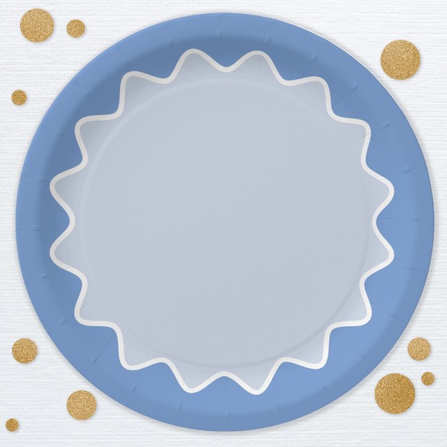 Retro Wavy Curve Border Blue Paper Plates (Retro modern blue wavy curve border party paper plates)