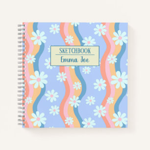 Retro Wavy Daisy Flowers Personalized Sketchbook Notebook