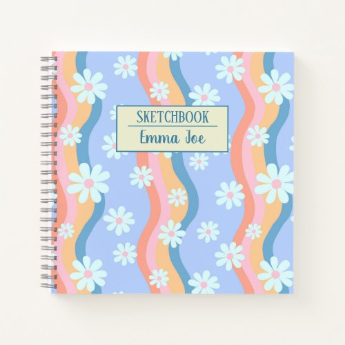 Retro Wavy Daisy Flowers Personalized Sketchbook Notebook