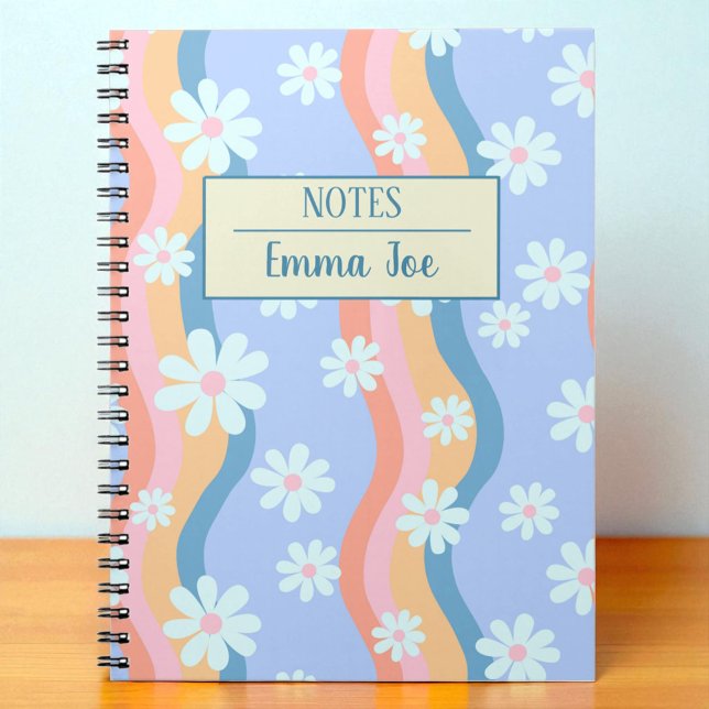 Retro Wavy Daisy Flowers Personalized with Name Notebook (Creator Uploaded)