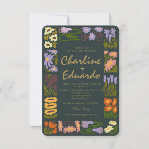 Retro Wavy Floral Colorful  Wedding  Invitation