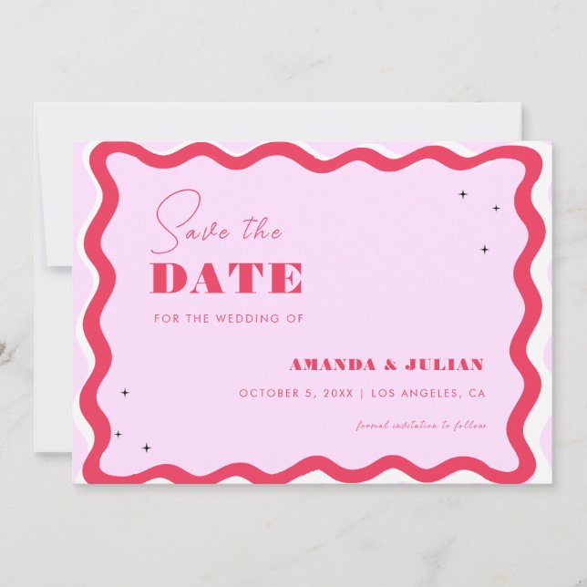 Retro Wavy Frame 70s Pink and Red Photo Seventies Save The Date (Front)