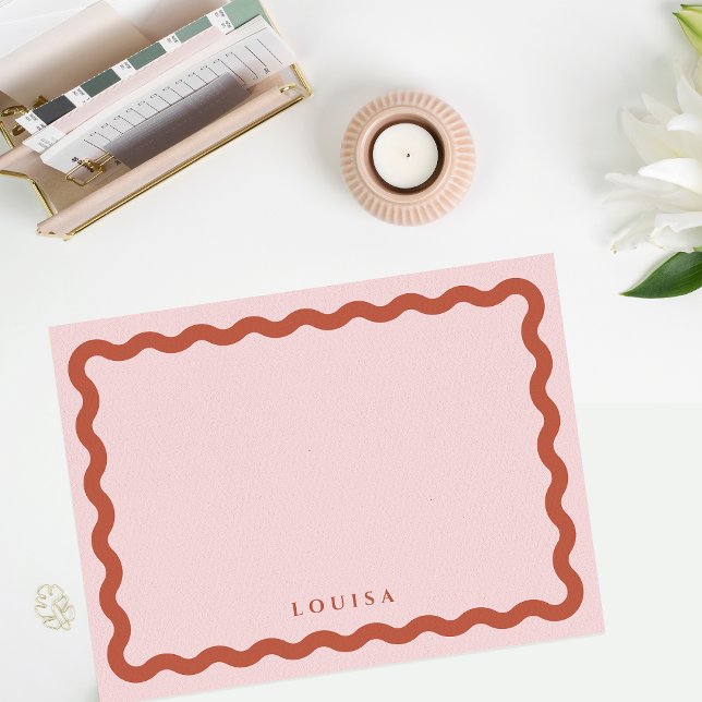 Retro Wavy Frame Blush & Terracotta Personalized Note Card (Creator Uploaded)
