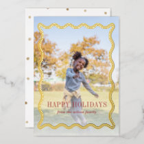 Retro Wavy Frame Holidays Full Photo Foil Holiday Card