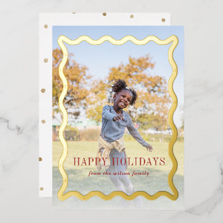 Retro Wavy Frame Holidays Full Photo Foil Holiday Card