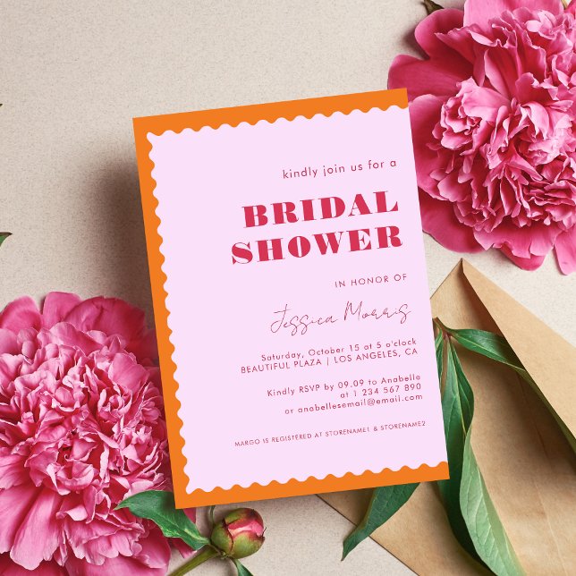 Retro Wavy Frame Orange Pink and Red Bridal Shower Invitation (Creator Uploaded)
