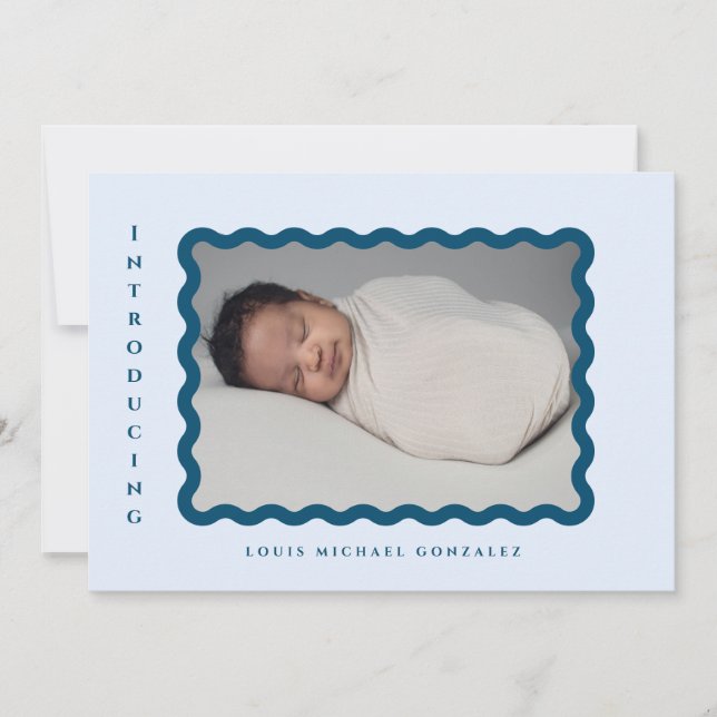 Retro Wavy Frame Photo Blue Birth Announcement (Front)