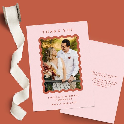 Retro Wavy Frame Photo Blush  Terracotta Wedding Thank You Card