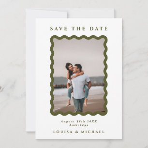Retro Wavy Frame Photo Green & White Wedding  Save The Date