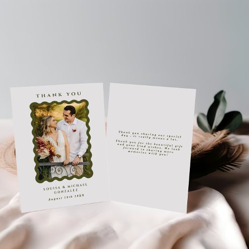 Retro Wavy Frame Photo Green  White Wedding Thank You Card