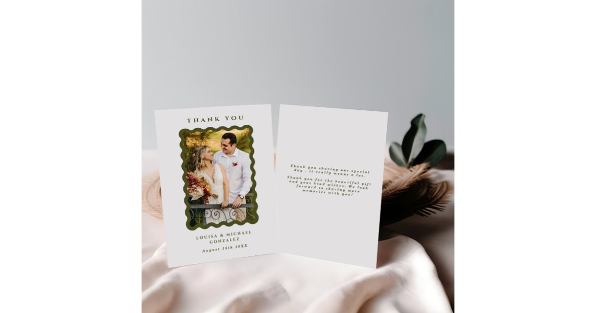Retro Wavy Frame Photo Green & White Wedding Thank You Card | Zazzle