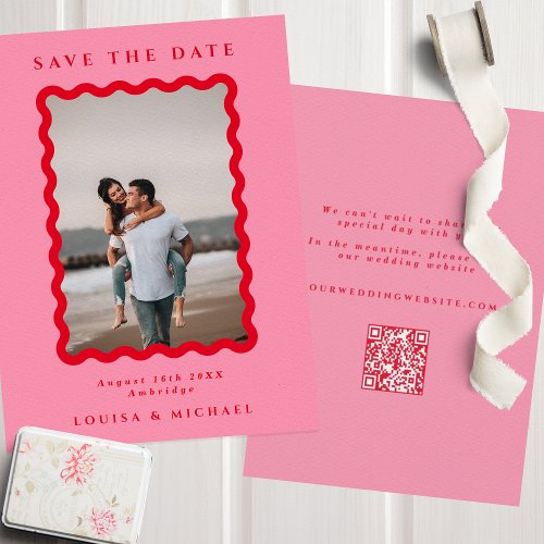 Retro Wavy Frame Photo Red  Pink QR Code Wedding  Save The Date