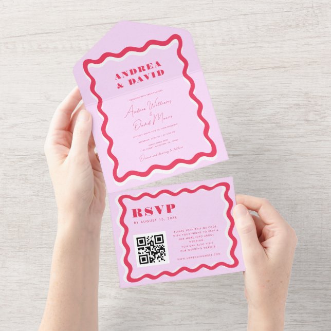 Retro Wavy Frame Pink and Red QR Code 70s Wedding All In One Invitation (Tearaway)