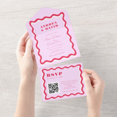 Retro Wavy Frame Pink and Red QR Code 70s Wedding All In One Invitation