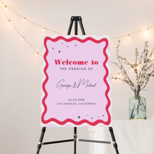 Retro Wavy Frame Pink and Red Wedding Welcome Sign