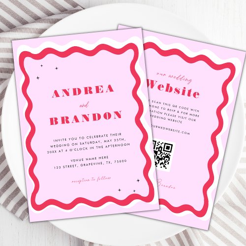 Retro Wavy Frame QR Code 70s All in One Wedding In Invitation