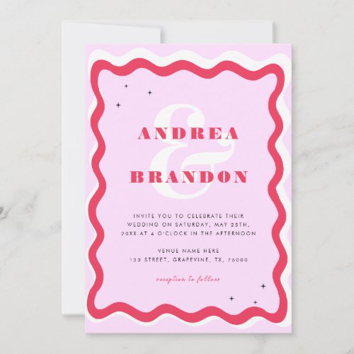 Retro Wavy Frame QR Code 70s Ampersand Wedding Invitation