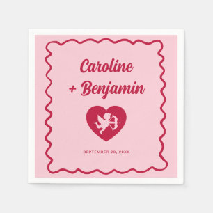 Retro Wavy Frame Red Pink Cupid Heart Wedding Napkins
