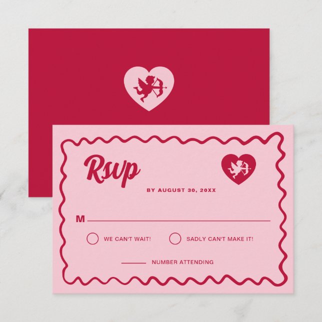 Retro Wavy Frame Red Pink Cupid Heart Wedding RSVP Card (Front/Back)