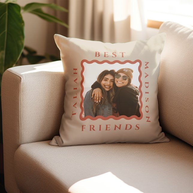 Retro Wavy Frame Terracotta Best Friends Photo Throw Pillow (Creator Uploaded)