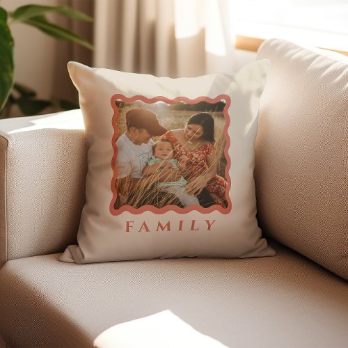 Retro Wavy Frame Terracotta Family Photo Throw Pillow