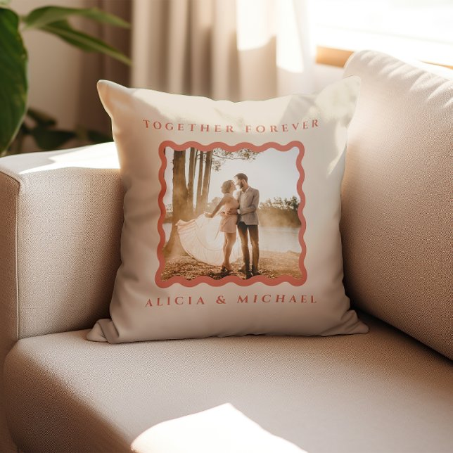 Retro Wavy Frame Terracotta Newly Weds Photo Throw Pillow (Creator Uploaded)